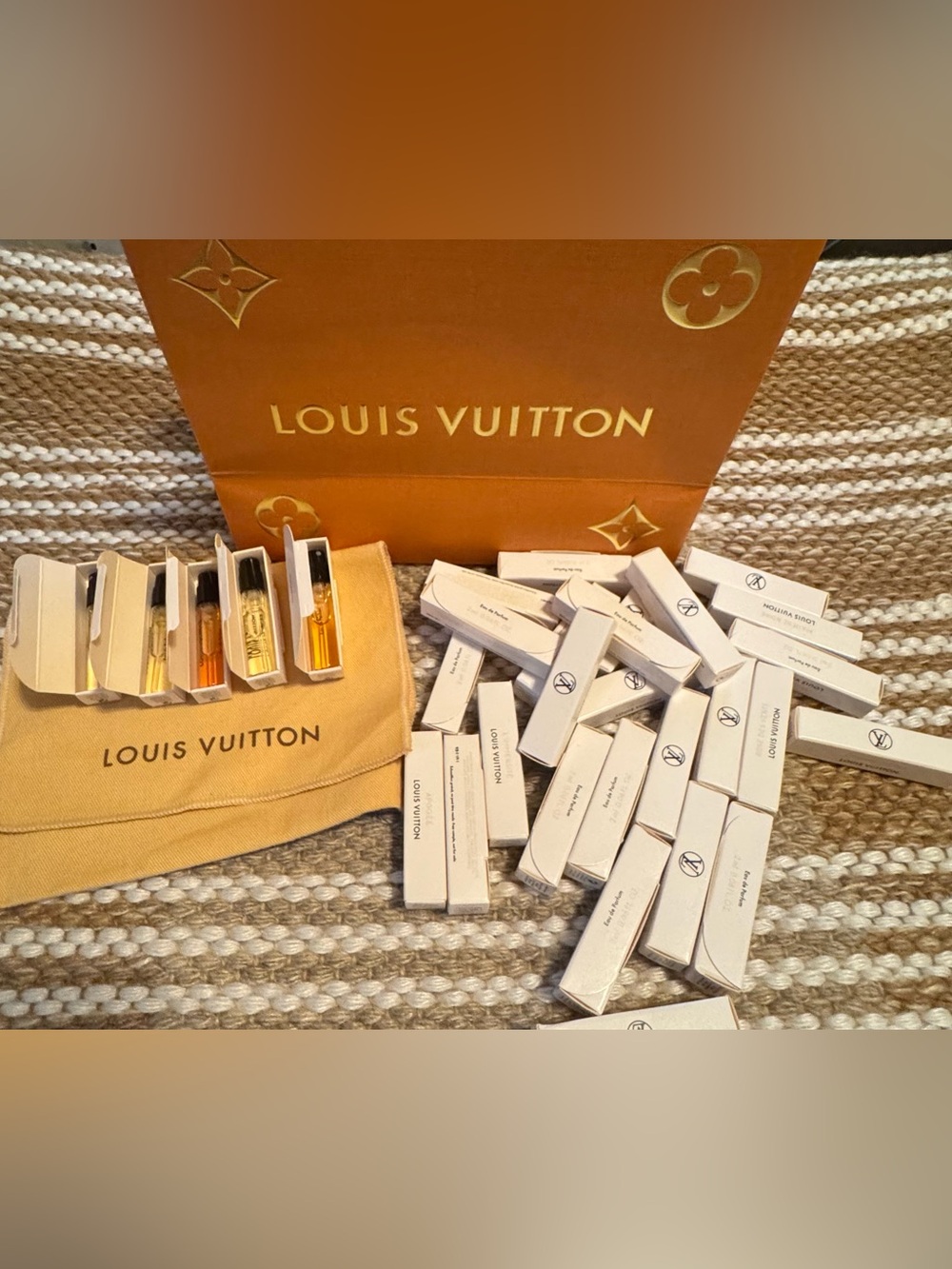 Louis Vuitton Tan and Gold Branded Gift Bag with Sample Vials